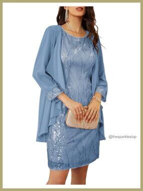 Sequin Bodycon Knee Length Dress with 3/4 Sleeve Jacket Formal Wedding Guest